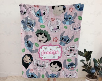 Personalized Lilo & Stitch Throw Blanket, Angel And Stitch Cute Blanket, Ohanas Mean Family Blanket, Disneyland Bed Couch Sofa Decor, NVA835