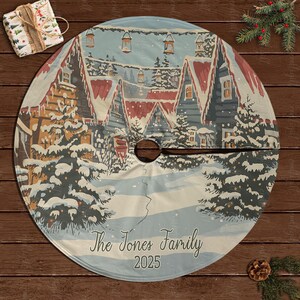 Personalized Rustic Cabin Tree Skirt, Snow Village Christmas Tree Skirt, Snow Covered House Tree Skirt, Family Xmas Celebration Decor,MYJ900