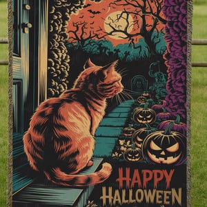 Halloween Cat Spooky Pumpkin Blanket, Spooky Halloween Woven Blanket, Black Cat Lovers Gift Blanket, Autumn Halloween Pumpkin Blanket,MYI359