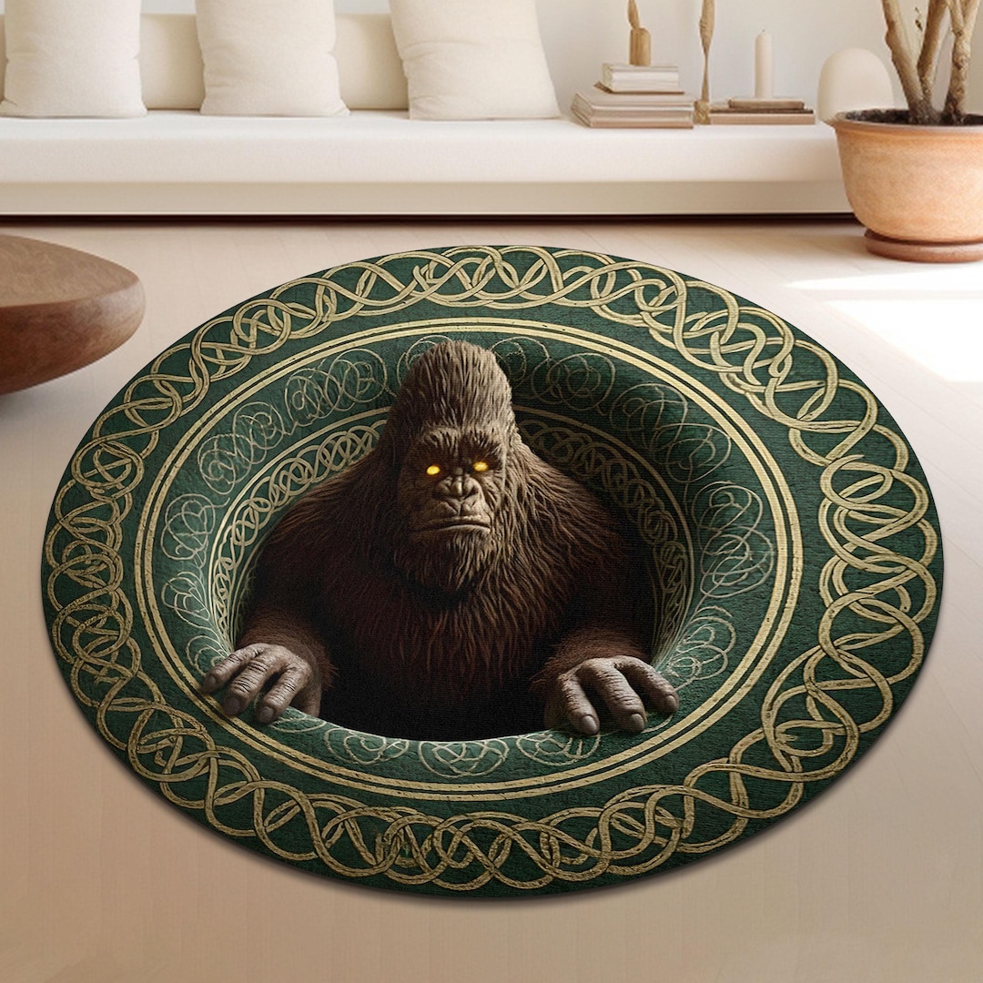 3D Bigfoot Hole Illusion Round Rug, Rustic Lodge Bigfoot Carpet