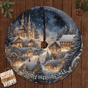 Custom Snowy Village Tree Skirt, Cozy Winter Cabin Christmas Skirt, Magical Winter Wonderland Skirt, Cozy Village Holiday Tree Skirt, MYJ876