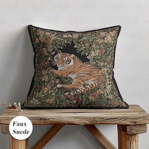 Vintage Morris Tiger Floral Pillow, Woodland Animals Tiger Pillow, Dark Botanical Tiger Woven Pillow, Cottagecore Wild Lifes Pillow, MYC701