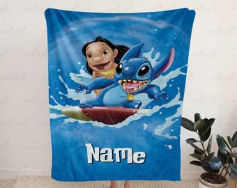 Lilo And Stitch Surfing Blanket, Personalized Cartoon Character Throw, Lilo And Stitch Ocean Wave Blanket, Blanket For Stitch Lovers, NVA784