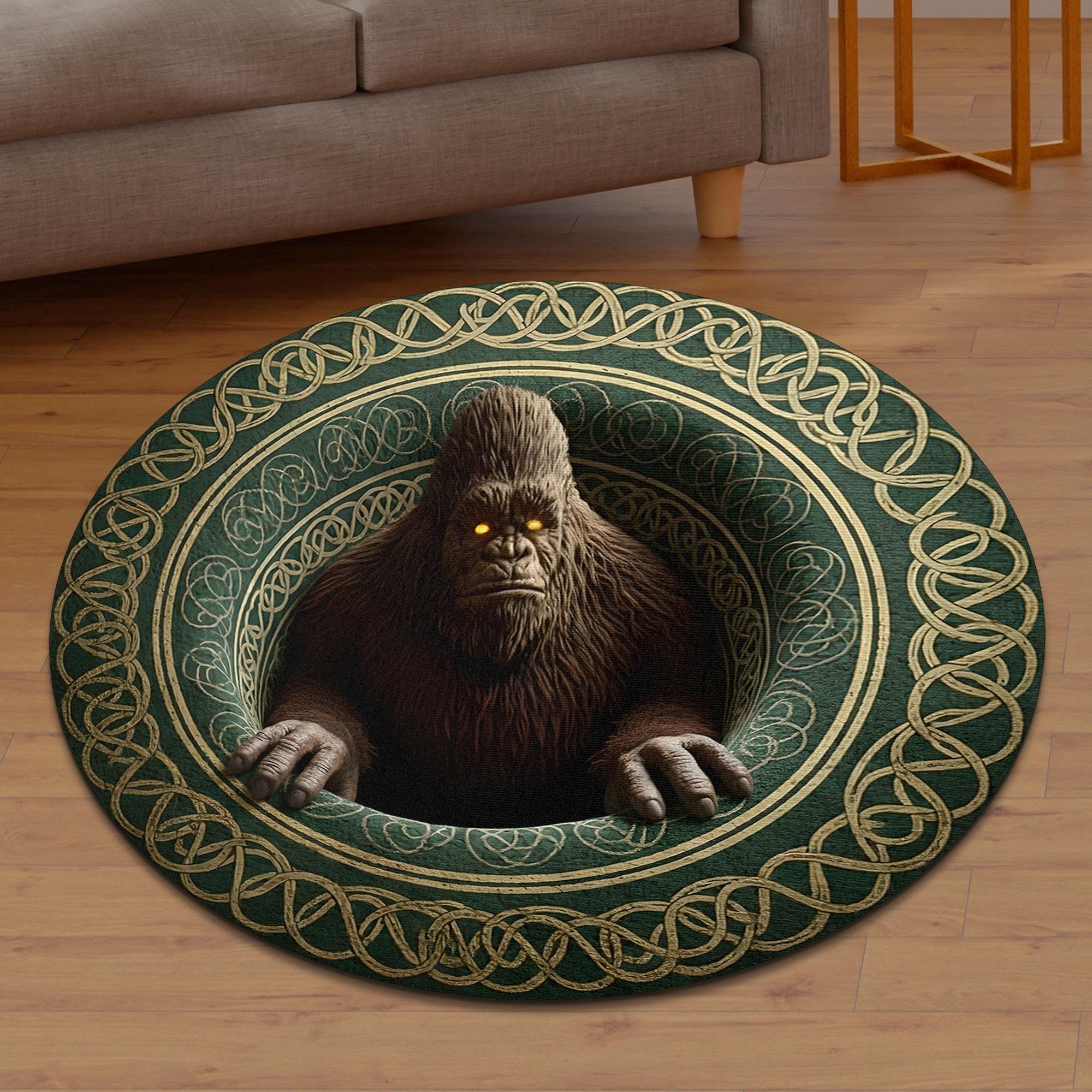 3D Bigfoot Hole Illusion Round Rug, Rustic Lodge Bigfoot Carpet