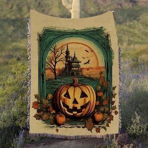 Scary Witchy Pumkin Halloween Blanket, Haunted House Pumpkin Woven Blanket, Cottagecore Ghost Pumpkin Blanket, Halloween Gift Blanket,MYI067