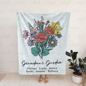 Bouquet Grandmas Garden Custom Blanket, Floral Woven Throw, Custom Grandma'S Garden Flowers Blanket, Letter To My Grandma Blanket, BYA311