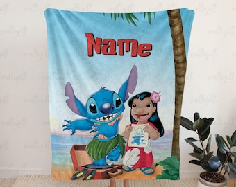 Lilo And Stitch Beach Scene Customized Throw, Lilo And Stitch Blanket With Name, Disney Stitch Blanket, Tropical Ocean Gift For Kids, NVA783
