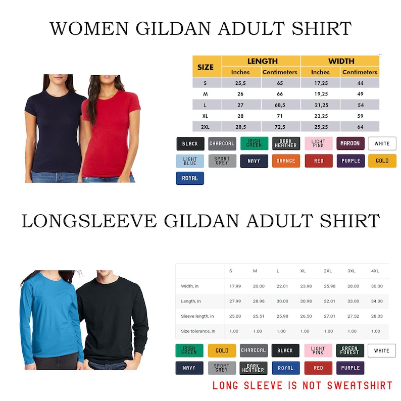 Puede incluir: Dos camisetas Gildan para mujer, una azul marino y otra roja. Las tablas de tallas muestran las medidas en pulgadas y cent&iacute;metros de largo y ancho. Tambi&eacute;n se incluye una tabla de tallas de manga larga.