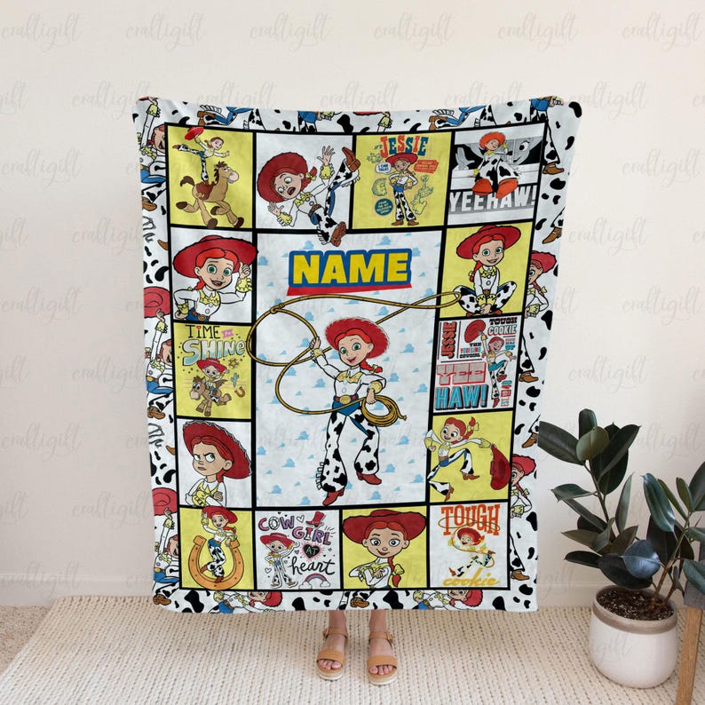 May include: A rectangular fleece blanket featuring a grid of Jessie the Cowgirl from Toy Story in various poses. The design includes the text NAME, TIME TO SHINE, YEEHAW, and COW GIRL AT HEART. The border has a black and white cow print pattern.
