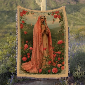 Antique Virgin Mary Roses Praying Blanket, Virgen De Guadalupe Woven Blanket, Our Lady Of Guadalupe Blanket, Religious Art Blanket, MYH920