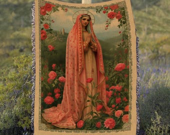 Antique Virgin Mary Roses Praying Blanket, Virgen De Guadalupe Woven Blanket, Our Lady Of Guadalupe Blanket, Religious Art Blanket, MYH920