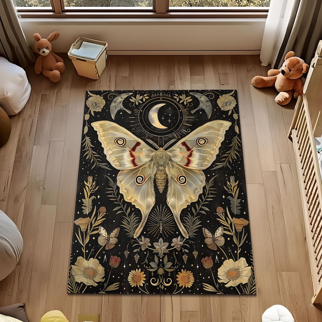 Moth Pattern Rug Gothic Celestial Moth Area Rug, Night Sky Moth Botanical Floor Mat ...