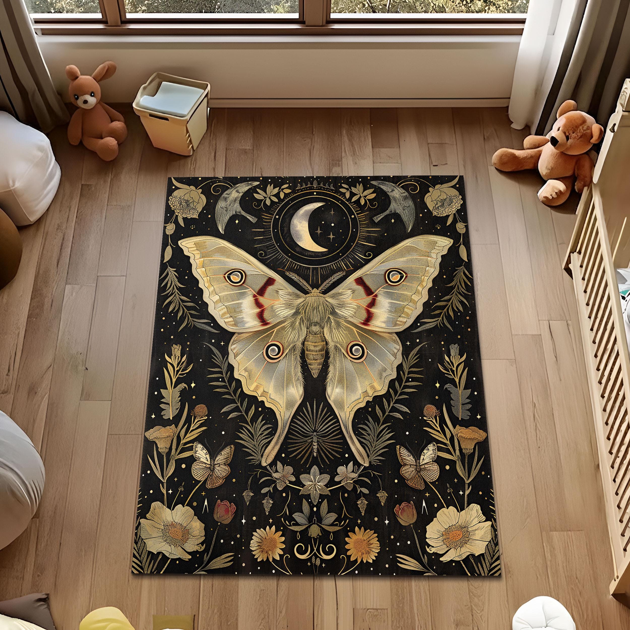 Moth Area Rug Gothic Celestial Moth Area Rug, Night Sky Moth Botanical Floor Mat ...