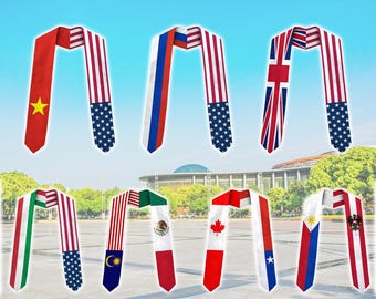Personalize Mixed Two Flags Graduation Stole, Mix Country Flag Sash 2026, American International Student Graduation Stole, Senior Class Gift