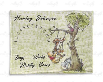 Custom Pooh Bear Baby Milestone Blanket, Winnie Baby Growth Tracker Blanket, The Pooh Personalised Baby Blanket, New Mom Baby Shower Gifts