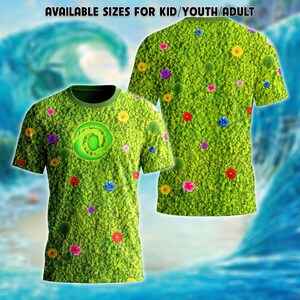 May include: A short-sleeve t-shirt featuring a vibrant green moss-like texture pattern with scattered colorful flowers and a central spiral emblem. The text AVAILABLE SIZES FOR KID/YOUTH/ADULT is printed at the top of the image.