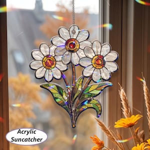 Daisy Flowers Acrylic Suncatcher, Daisy Birthflowers Hologram Ornament, Birth Month Floral Window Decor, Fall Botanical Door Hanging, MYJ267