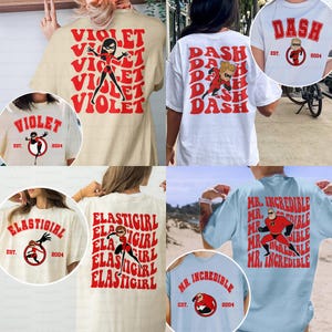 May include: Collection of t-shirts featuring characters from The Incredibles. Designs include Violet, Dash, Elastigirl, and Mr. Incredible, with text and character illustrations in red. Each shirt has the year 2004.