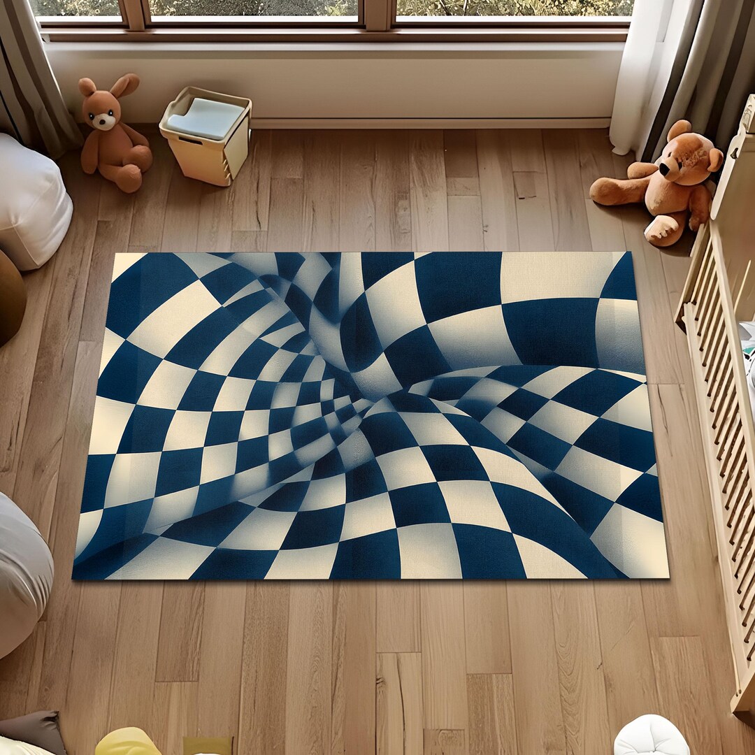 3D Warped Checker Illusion Rug, Blue Cream Checkered Wave Corridor ...