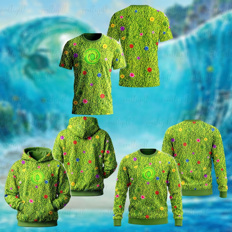 May include: A collection of apparel featuring a vibrant green moss-like texture pattern adorned with small, colorful flowers. The set includes short-sleeve t-shirts, hooded sweatshirts, and crewneck sweaters, each displaying a central circular emblem.