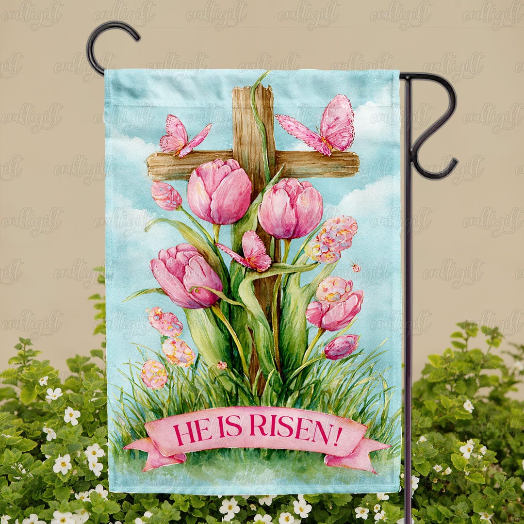 He is Risen Resurrection Sunday Flag, Watercolor Cross and Tulips Flag ...
