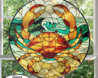 手作りステンドグラスのカニのサンキャッチャー：海辺のインテリア