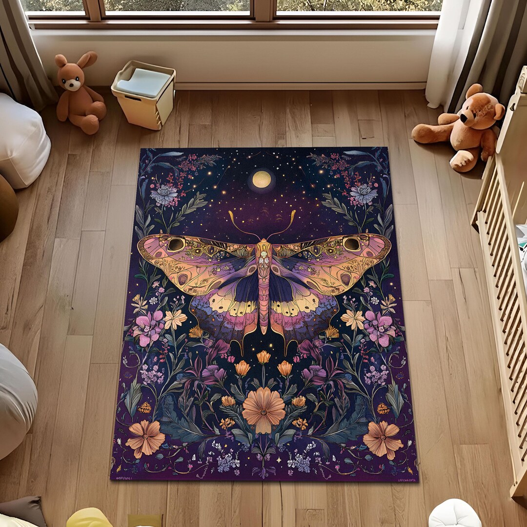 Moth Area Rug Boho Night Garden Moth Area Rug, Mystical Moth and Flowers Rug ...