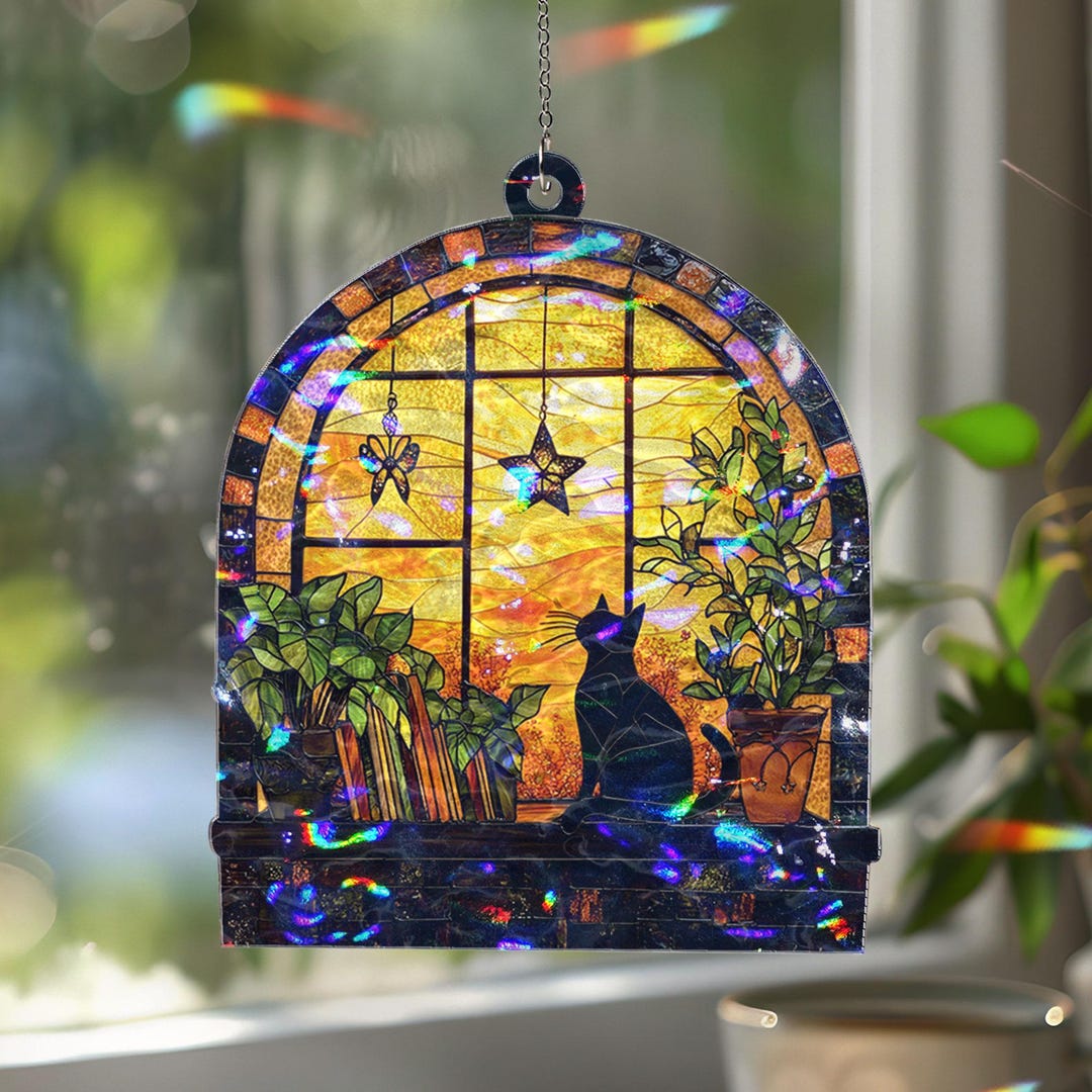 Black Cat & Book Suncatcher Ornament, Book and Plant Stained Glass ...