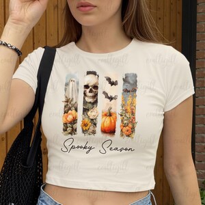 Dark Cottagecore Halloween Baby Tee, Spooky Pumkin Season Baby Tee, Retro Floral Skull Ghost 90s Baby Tee, Autumn Girls Trip Outfit, MYJ196