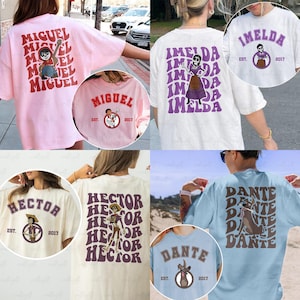 May include: Collection of t-shirts featuring characters from the animated movie. The shirts are in various colors, including pink, white, and blue. Each shirt has a character's name and image, with the year 2017.