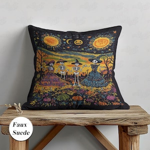 Witchy Skeletons Dancing Pillow, Whimsical Gothic Skeleton Pillow, Feral Goblincore Celestial Woven Pillow, Dark Cottagecore Pillow, MYC535