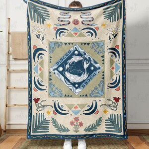 Whimsical Pisces Zodiac Blanket, William Moris Pisces Zodiac Blanket, Pisces Zodiac Gift Blanket, Pisces Enchanted Horoscope Throw,THA064-12