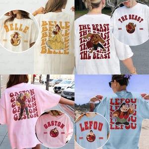 May include: A collection of t-shirts featuring characters from a classic animated film. The shirts are in various colors, including white, pink, and blue. Each shirt displays a character's name and image, along with the year "1991".