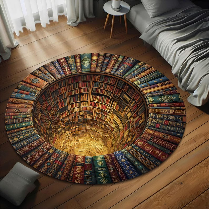 3D Library Books Hole Rug, Book Tunnel Optical Illusion Rug, Antique ...