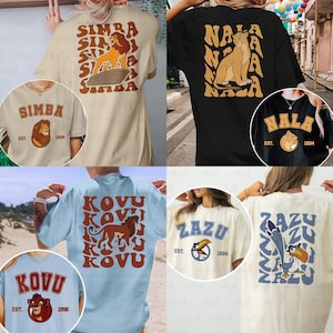 May include: Collection of t-shirts featuring characters and text from the animated film, The Lion King. Designs include Simba, Nala, Kovu, and Zazu, with the year 1994 or 1998. Shirts are in various colors, including beige, black, and light blue.