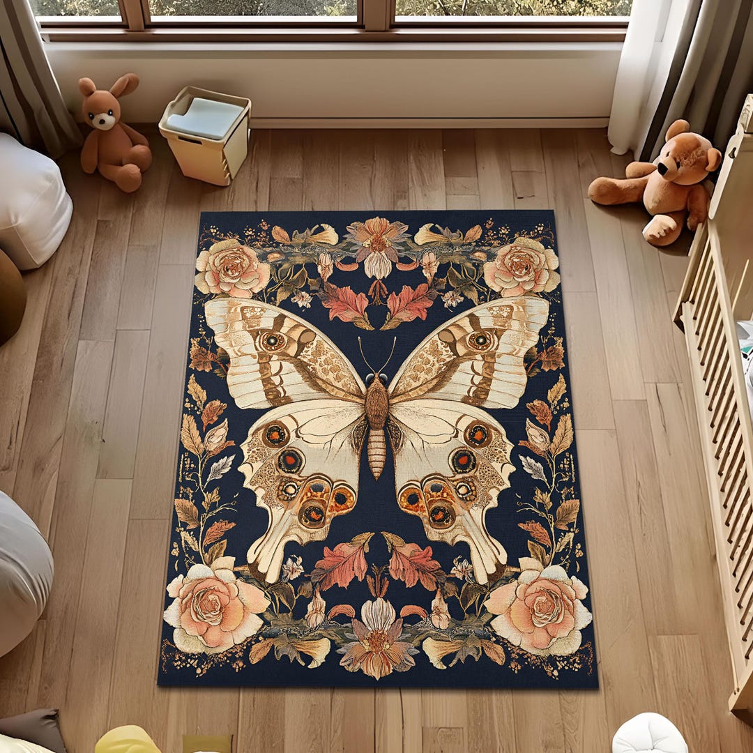 Vintage Butterfly Floral Area Rug, Moth Inspired Botanical Rug ...