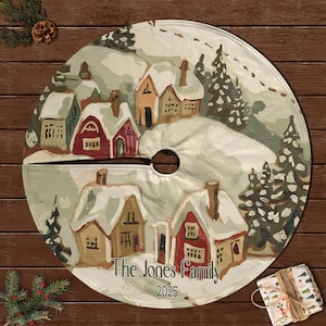 Custom Family Name Holiday Tree Skirt, Snow Covered Village Tree Skirt, Ski Lodge Snowy Tree Skirt, Rustic Alpine Christmas Decor, MYJ889