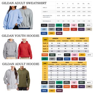 Puede incluir: La imagen muestra sudaderas Gildan para adultos, sudaderas con capucha para j&oacute;venes y sudaderas con capucha para adultos en varios colores. Se proporcionan tablas de tallas, con medidas en cent&iacute;metros y pulgadas. Los colores disponibles incluyen negro, blanco y otras tonalidades.