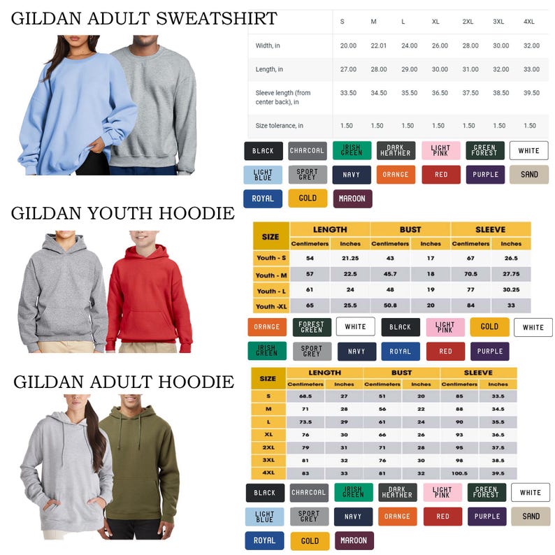 Puede incluir: La imagen muestra sudaderas Gildan para adultos, sudaderas con capucha para j&oacute;venes y sudaderas con capucha para adultos en varios colores. Se proporcionan tablas de tallas, con medidas en cent&iacute;metros y pulgadas. Los colores disponibles incluyen negro, blanco y otras tonalidades.