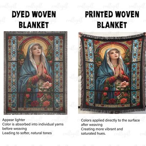 Puede incluir: Dos mantas tejidas una al lado de la otra, una te&ntilde;ida y otra estampada. Cada una presenta una imagen de estilo vidriera de una mujer con velo azul, con las manos juntas en oraci&oacute;n. La manta te&ntilde;ida tiene tonos m&aacute;s suaves, mientras que la estampada tiene colores m&aacute;s vibrantes. El texto dice "DYED WOVEN BLANKET" y "PRINTED WOVEN BLANKET".