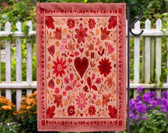 Boho Heart And Flowers Valentines Flag, Vintage Floral Pattern Outdoor Flag, Cottagecore House Flag, Cute Romantic Porch Decoration, MYD205