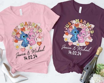 Custom Just Married Stitch And Angel Shirt, Cute Stitch Valentines Day Shirt, Stitch Couple Wedding Party Outfit, Disney Family Vacay Shirt