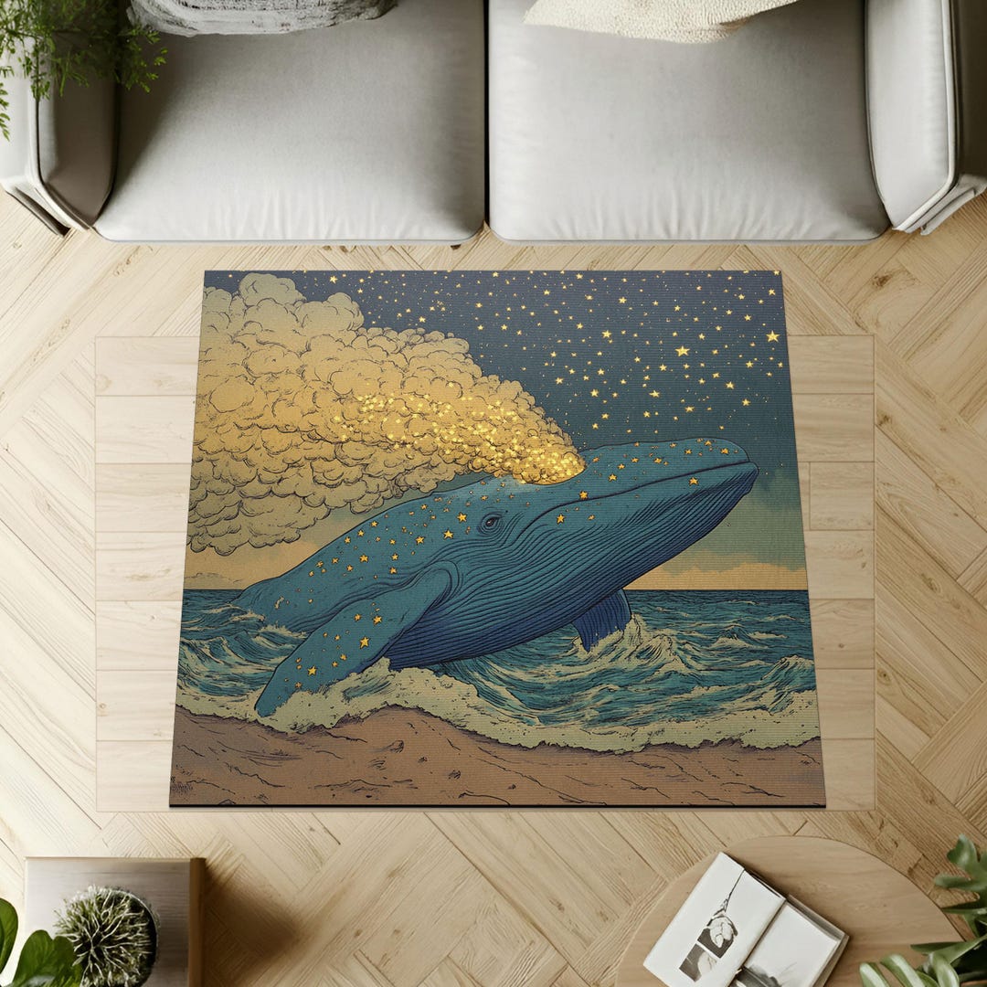 Dreamy Whale and Stars Beach Rug, Blue Whale Starry Sea Landscape Rug ...