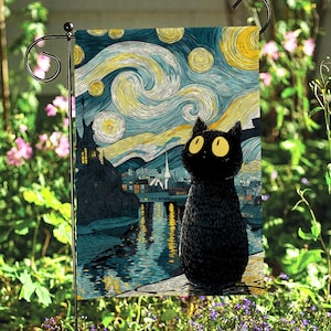 Bandera de dibujos animados de gato negro de noche estrellada, bandera de girasol, regalos de flores de nacimiento, bandera de jardín de bruja espeluznante de Halloween, bandera de collage de hojas de otoño, MYI375