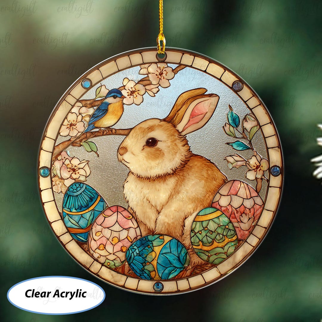 Stained Glass Spring Rabbit Stained Glass Rabbit Easter Ornament, Woodland Bunny and Eggs ...