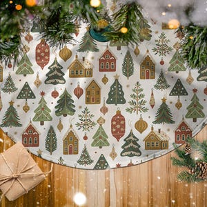 Holiday Cabin Scene Tree Skirt, Snowy Village Tree Skirt, Country Farmhouse Christmas Tree Skirt, Cottagecore Festive Gift Tree Skirt,MYJ901