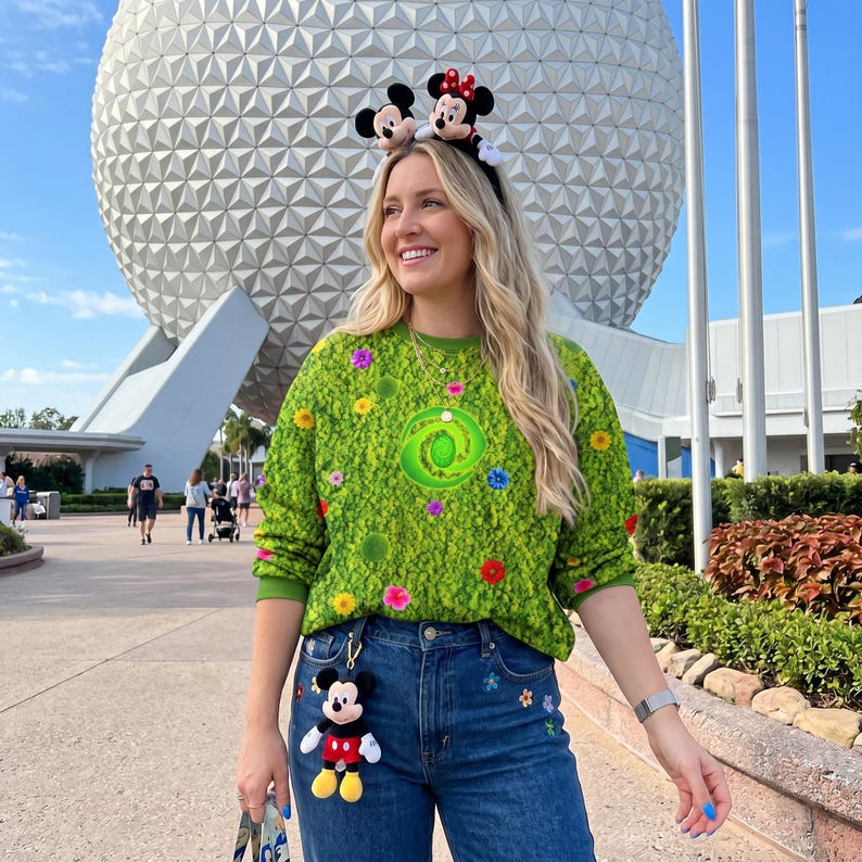 May include: A bright green long-sleeve sweatshirt featuring a repeating floral pattern and a central circular emblem, paired with blue denim jeans. A headband with two small plush character figures sits atop the head, and a plush character keychain hangs from the jeans.