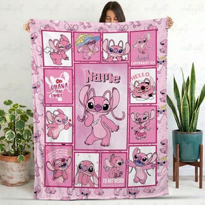 Personalized Angel Name Blanket Gift, Custom Lilo Stitch Kids Blanket, Disney Angel Pink Fleece Blanket, Soft Girls Room Decor Throw, NVA829 afbeelding 1