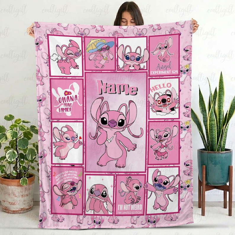 Personalized Angel Name Blanket Gift, Custom Lilo Stitch Kids Blanket, Disney Angel Pink Fleece Blanket, Soft Girls Room Decor Throw, NVA829 afbeelding 1