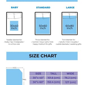 Puede incluir: Un cuadro comparativo de tama&ntilde;os de mantas, con ilustraciones de tama&ntilde;os para beb&eacute;, est&aacute;ndar y grande. Las medidas se dan en pulgadas y cent&iacute;metros. El cuadro muestra tama&ntilde;os de 30x40 pulgadas, 50x60 pulgadas y 60x80 pulgadas.